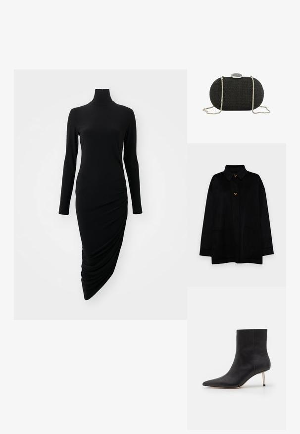 AERON CRANE JACKET - Klassisk frakke - black; Sort langærmet kjole med høj halsudskæring, der har et rynket design på den ene side, lavet af et glat, strækbart stof.; Sorte læder ankelstøvler med spids tå og en tynd metallisk hæl. Glat tekstur med klare linjer og minimalistiske designfunktioner.; Sort oval vævet clutch med sølvkæde strop og rund sølv lukning på toppen, vist mod hvid baggrund.