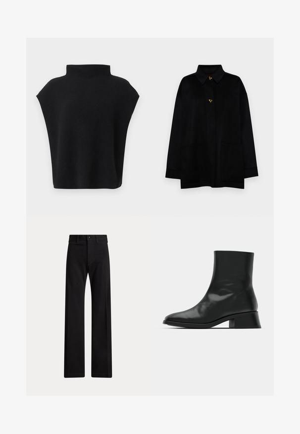 AERON CRANE JACKET - Klassischer Mantel - black; Schwarzes ärmelloses Top mit hohem Kragen und lockerem Sitz, gezeigt vor weißem Hintergrund.; Schwarze gerade geschnittene Hose mit Gürtelschlaufen, vorderlicher Knopfleiste und Reißverschluss auf weißem Hintergrund.; Schwarze Ankle Boots aus glänzendem Leder, mit einem eleganten Design, spitzer Zehenpartie und einem moderaten Blockabsatz für Stabilität.