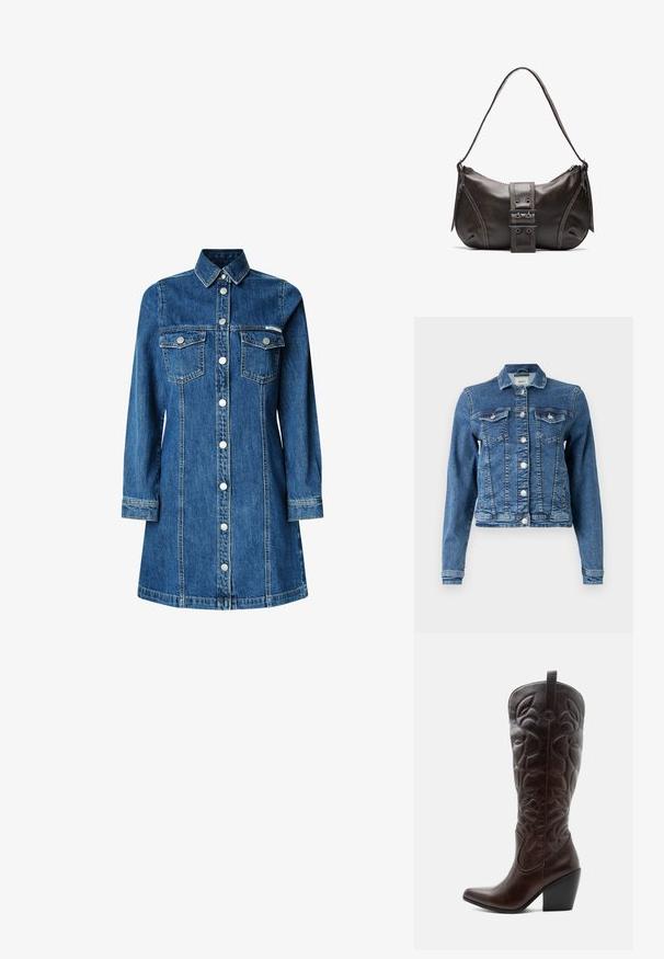Jeansjacke in Mittelblau mit klassischem Design, fünf Knöpfen, zwei Brusttaschen und langen Ärmeln. Hat eine leicht abgenutzte Textur.; Denimhemdkleid, lange Ärmel, durchgehende Knopfleiste, zwei Brusttaschen, klassischer Kragen, mittelblaue Farbe und leichte Steppdetails.; Hoher dunkelbrauner Leder-Cowboystiefel mit gestickten dekorativen Mustern, spitzer Spitze und gestapeltem Blockabsatz.; Braune Lederumhängetasche mit gebogener Form, die mit einem auffälligen Schnallendetail, kontrastierenden Nähten und einem einzigen Schulterriemen ausgestattet ist.