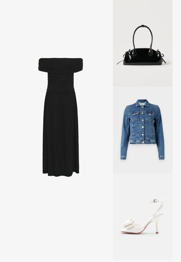 Denimjakke i mellemblå med et klassisk design, fem knapper, to brystlommer og lange ærmer. Har en let slidt tekstur.; Sort off-the-shoulder maxi-kjole med samlet bodice og flydende kjole, lavet af blødt stof med en glat tekstur og elastisk talje.; Hvid sandal med høje hæle, ankelrem, åben tå og dekorativ sløjfe på den forreste rem mod en ensfarvet baggrund.; Lille sort blank håndtaske med to lange håndtag og snøre-detaljer i siden på en ensfarvet lys baggrund.