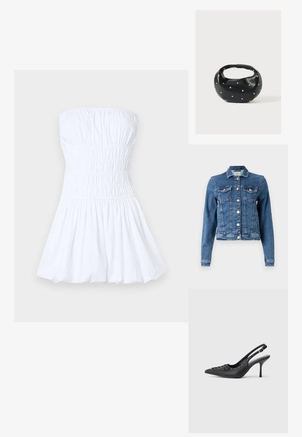 Denimjakke i mellemblå med et klassisk design, fem knapper, to brystlommer og lange ærmer. Har en let slidt tekstur.; Hvid stropfri kjole med en smocket liv og udvidet nederdel. Lavet af letvægts bomuld, har den en glat tekstur og en afslappet pasform.; Sorte læder slingback stiletto med spids tå, side spændebånd, nitter langs kanten og dekorativ snøring foran.; Sort læderhåndtaske med en rundet form, dekoreret med sølvnitter, og et kort håndtag. Glat tekstur og lynlåslukning.