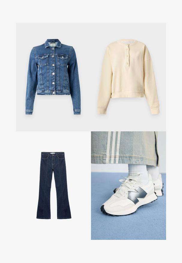Denimjakke i mellemblå med et klassisk design, fem knapper, to brystlommer og lange ærmer. Har en let slidt tekstur.; Langærmet cremefarvet henley sweatshirts med ribstrikkede manchetter, rund halsudskæring og knapstol med fire knapper foran.; Mørkeblå flaired jeans lavet af denim, med en frontlukning med knap, fem lommer og kontrasterende syninger langs sømmene.; Hvide sportsko med sølvdetaljer, tekstureret stof og glat læder; med en sort gummisål og snørebånd.