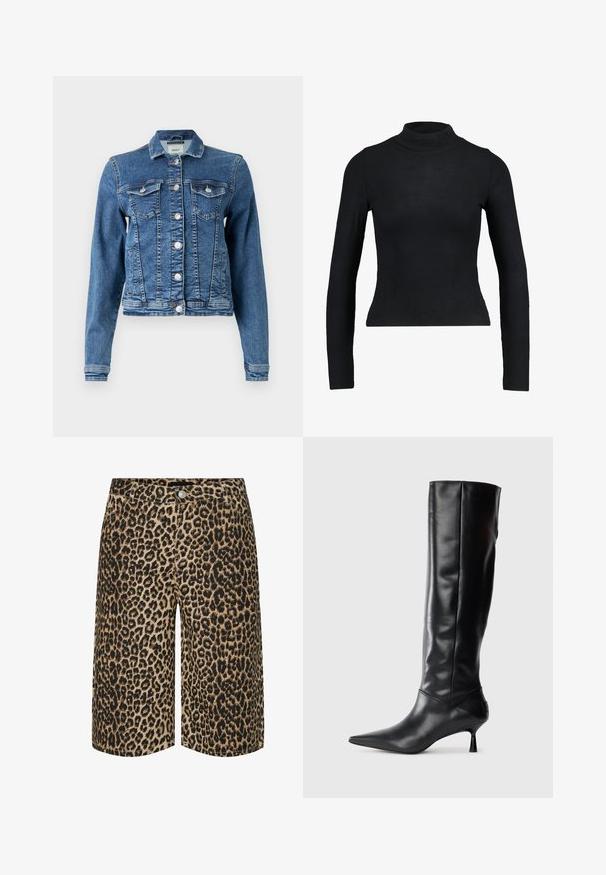 Denimjakke i mellemblå med et klassisk design, fem knapper, to brystlommer og lange ærmer. Har en let slidt tekstur.; Sort langærmet turtleneck top lavet af ribbet stof, med en tætsiddende design og slank silhuet. Ingen mønstre eller detaljer.; Leopardmønstrede shorts med en tan base og sorte pletter, lavet af et blødt stof, med en lige pasform og standard talje. ; Sorte læder knæhøje støvler med spids tå og slank buet hæl. Glat tekstur, tætsiddende design og ingen synlig hardware eller mønstre.
