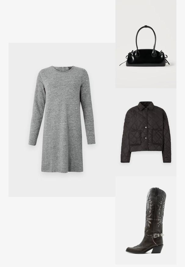 Veste noire matelassée avec un devant à boutons, un col en velours côtelé et deux poches carrées sans motifs visibles.; Robe en maille à manches longues, gris clair, avec un col rond et une fermeture éclair dans le dos.; Botte de cowboy en cuir noir avec découpes décoratives, boucle argentée et talon incliné, présentée sur fond blanc.; Petit sac à main noir brillant avec deux longues anses et des détails à cordon sur les côtés sur un fond clair uni.
