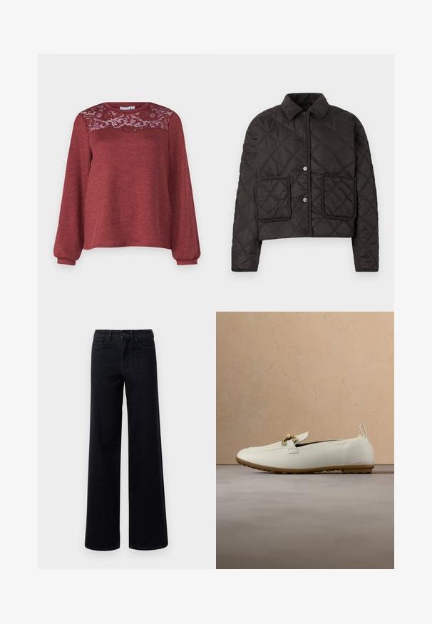 Veste noire matelassée avec un devant à boutons, un col en velours côtelé et deux poches carrées sans motifs visibles.; Pull rust avec des manches longues, présentant un panneau en dentelle sur les épaules et un col rond. Tissu en tricot texturé.; Jean en denim noir à jambes larges avec une taille haute, doté de poches standard et d'une fermeture à bouton. Texture lisse avec un léger, stretch.; Mocassin en cuir crème avec détail de boucle dorée et semelle en caoutchouc, posé sur un tapis beige texturé avec une table basse en bois et des livres en arrière-plan.