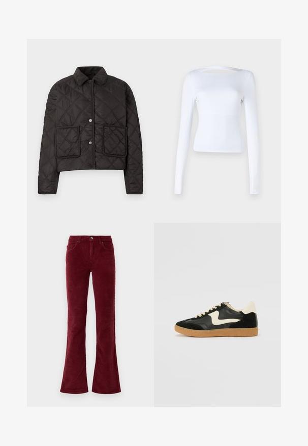 Veste noire matelassée avec un devant à boutons, un col en velours côtelé et deux poches carrées sans motifs visibles.; Haut à manches longues blanc avec un décolleté carré et un détail découpé au dos. Fabriqué dans un tissu lisse et extensible. Conception ajustée.; Pantalons en velours côtelé bourgogne évasés avec poches avant, passants de ceinture et fermeture à bouton sur fond blanc.; Baskets en daim et cuir noir avec un swoosh latéral crème et un talon crème clair. Dotées de lacets beige et d'une semelle en caoutchouc gomme.