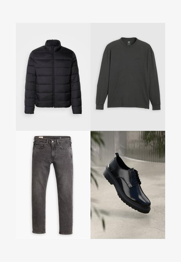Schwarze Puffjacke mit hohem Kragen, gestepptem Design, durchgehendem Reißverschluss und langen Ärmeln. Glattes, glänzendes Material mit minimalistischem Look.; Langärmliges T-Shirt aus dunkelgrauer Baumwolle, mit Rundhalsausschnitt und weicher Textur, mit einem dezenten Logo auf der Vorderseite.; Graue Jeans aus Denim mit geradem Schnitt, fünf Taschen-Design und Knopfleiste. Besitzt dezente Ausbleichungen und tonal abgestimmte Nähte.; Schwarzer Lederschuh mit glänzender Oberfläche, runder Spitze, Schnürdesign, kontrastierenden Nähten und einer dicken Gummisohle mit Profilmuster.