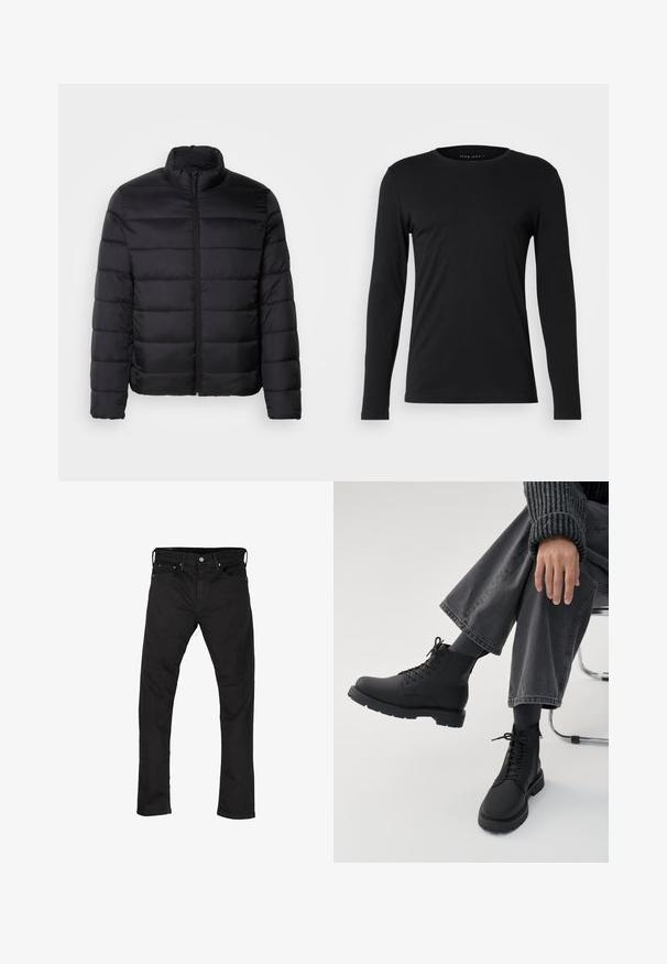 Sort pufferjakke med høj krave, quiltet design, fuld frontlynlås og lange ærmer. Glat, skinnende stof med et minimalistisk udseende.; Sort langærmet t-shirt lavet af blødt stof. Har en rund halsudskæring og en tætsiddende silhuet uden synlige grafik eller udsmykninger.; Sorte denim jeans med lige ben-design, fem-lomme stil og metalknaplukning. Glat tekstur og ensartet farve hele vejen igennem.; Person sidder med krydsede ben iført sorte snørebåndsstøvler, mørke sokker, grå vidde bukser og en rippet mørk sweater på hvid baggrund.