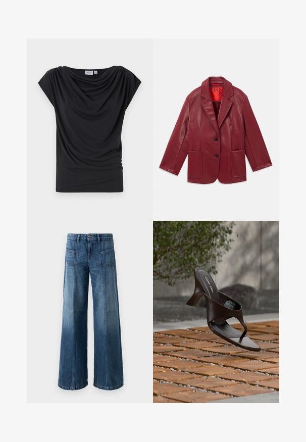 Rode faux leren blazer met een notch-kraag, twee voorzakken en twee zwarte knopen. Voering met een contrasterende rode binnenkant.; Zwarte hangende t-shirt van zachte stof, met een ruime halslijn en korte cap mouwen. Glad textuur met geraffineerde details aan de voorkant.; Wijd been jeans in een vervaagde blauwe denim. Voorzien van vijf zakken, een knoop- en ritssluiting, met zichtbare stiksels en een losse pasvorm.; Bruine Calvin Klein teenslipper met hak, hangend boven houten tegels en grind op een buitenvloer met een vage achtergrond van groen en stenen.