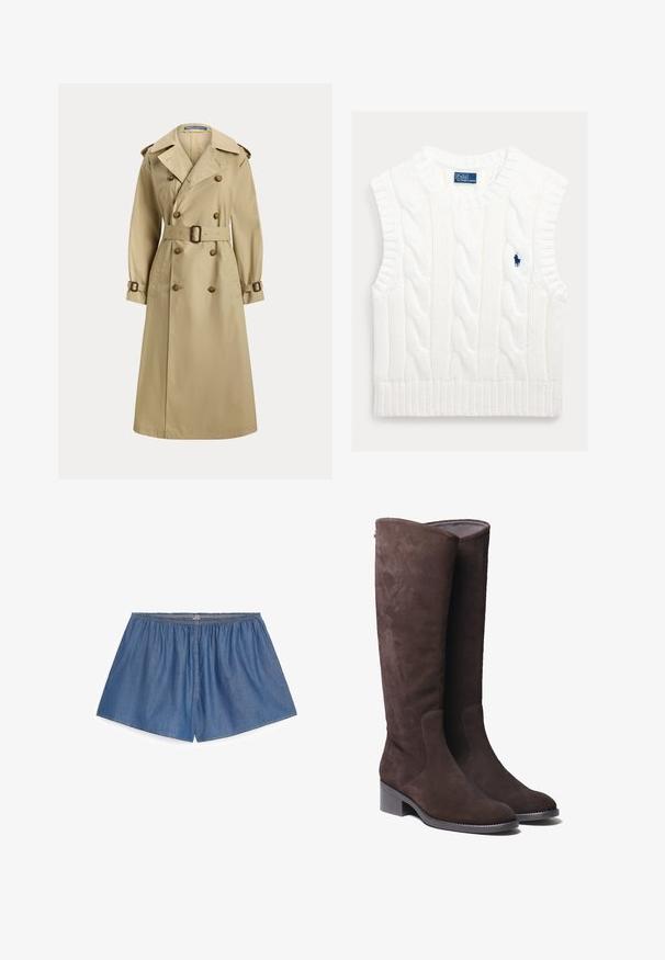 Beige lang trenchcoat med dobbeltradede knapper, bælte i taljen, skulderepauletter og spænder på manchetterne.; Hvid ærmeløs kabelstrikket sweater med ribbet kant. Har en lille, broderet blå logo på brystet. Tekstureret, blødt stof.; Blå denim shorts med elastik i taljen, løs pasform og synlige syninger på hvid baggrund.; Brune ruskind knæhøje støvler med en let afrundet tå og lav blokhæl. Har diskrete syningsdetaljer langs siderne.