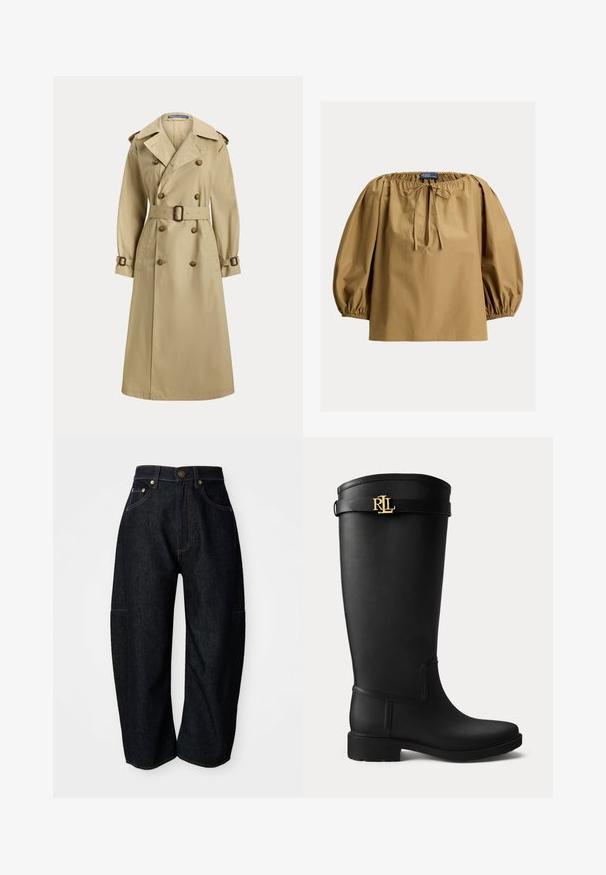 Beige lang trenchcoat med dobbeltradede knapper, bælte i taljen, skulderepauletter og spænder på manchetterne.; Brun bomuldsbluse med en samlet halsudskæring, ballonærmer og bindebånd ved halsen. Glat tekstur og løs pasform.; Mørke denim jeans med en afslappet pasform, der har diskret orange syninger, forlommer og en flad talje med en knaplukning.; Sort knæhøj gummistøvle med lav hæl og en guldfarvet RLL-logo spænde nær toppen på en ensartet lys baggrund.