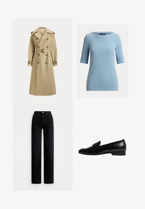 Beige lange trenchcoat met dubbele rij knopen, ceintuur in de taille, schouderepauletten en gespdetails op de manchetten.; Lichtblauw damestopje met korte mouwen, omgeslagen manchetten en een boothals, getoond tegen een effen achtergrond.; Hoge taille zwarte jeans met een rechte pijp, gemaakt van denim, met voorzakken en een zilveren knoopsluiting.; Scarosso VALERIA - Instappers - black calf
