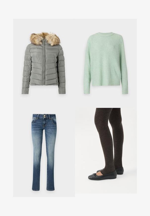 Padded bunda v tlmenej zelenej farbe s prešívaným dizajnom, predným zipsom a odnímateľným umelým kožúškom na kapucni vo svetlo hnedej farbe.; American Eagle CLASSIC CREW SHAKER - Svetrík - turquoise; Modré džínsy s rovnom strihom, ktoré majú dve predné vrecká, zapínanie na gombíky a svetlé vyblednutie na nohách. Krátky lem.; Nohy v tmavých pásikavých legínach v kombinácii s čiernymi balerínkami s malými mašličkami na bielom pozadí.