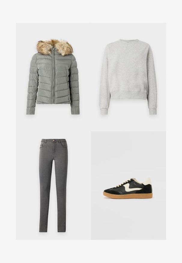 Polstret jakke i dæmpet grøn med quiltet design, frontlynlås, og aftageligt faux fur hættekant i lys brun.; Grå sweatshirt lavet af blødt stof, med rund halsudskæring, ribbede manchetter og en cropped kant. Glat tekstur med minimale design detaljer.; Grå denim skinny jeans med en tætsiddende pasform, fem lomme stil og en enkelt metalknaplukning i taljen.; Sorte ruskinds- og lædersneakers med en cremefarvet side-swoosh og lys cremefarvet hæl. Har beige snørebånd og en gummirubber-sål.