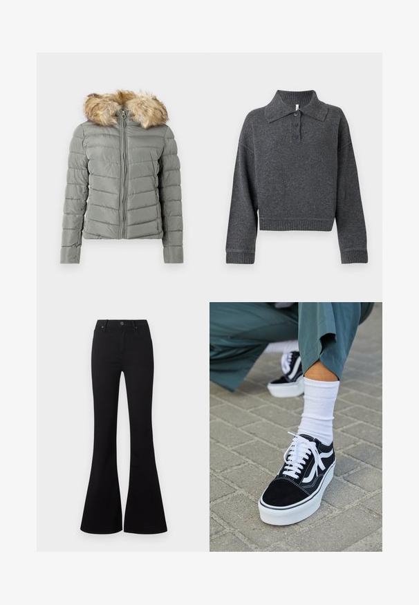 Gedämpfte grüne gepolsterte Jacke mit gestepptem Design, Frontreißverschluss und abnehmbarer Kunstfellkapuze in Hellbraun.; Dunkelgrauer Strickpullover mit Kragen, drei Knöpfen und gerippten Bündchen und Saum. Verfügt über eine verkürzte Silhouette und eine weiche Textur.; Schwarze High-Waist-Flare-Jeans mit Frontknopf und Taschen, auf weißem Hintergrund dargestellt.; Schwarze Wildledersneaker mit weißen Akzenten und Schnürsenkeln, ausgestattet mit einer dicken weißen Sohle und kontrastierenden Nähten, kombiniert mit einer weißen Socke.