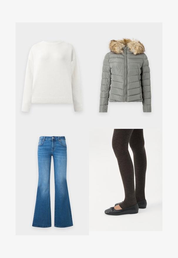 Veste rembourrée en vert discret avec un design matelassé, fermeture éclair à l'avant et bordure de capuche en fausse fourrure amovible de couleur marron clair.; Pull-over blanc à col rond et manches longues avec des poignets et un ourlet côtelés, arborant une texture douce et légèrement duveteuse.; Jean en denim bleu évasé avec une taille mi-haute, cinq poches et des détails décolorés sur les cuisses. Accents en métal argenté sur les boutons.; Jambes portant des leggings côtelés foncés associés à des ballerines noires avec de petits détails en nœud sur fond blanc.