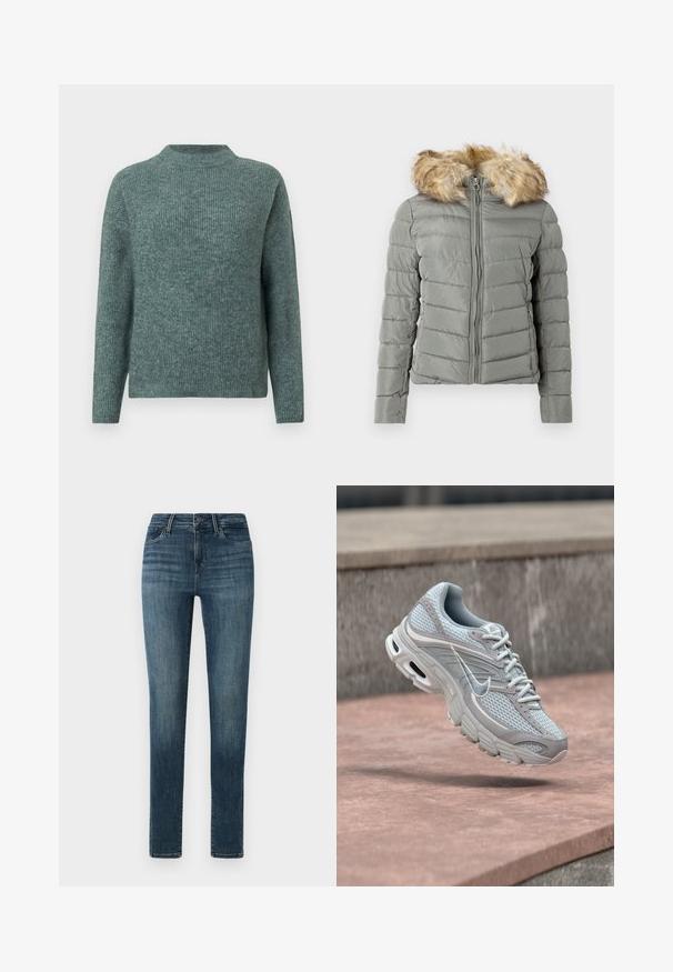 Veste rembourrée en vert discret avec un design matelassé, fermeture éclair à l'avant et bordure de capuche en fausse fourrure amovible de couleur marron clair.; Pull en maille côtelée verte avec un col montant et des manches longues. Texture douce, coupe décontractée, et variations subtiles de teintes sur l'ensemble.; Jean en denim bleu foncé avec une coupe slim, présentant une fermeture à boutons, cinq poches et un léger décoloration le long des cuisses.; Chaussure de course Nike gris clair et blanc avec mesh et semelle amortie, montrée en plein air contre un fond de marches en béton.