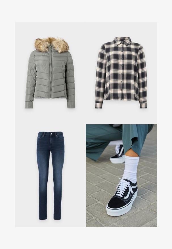 Padded bunda v tlmenej zelenej farbe s prešívaným dizajnom, predným zipsom a odnímateľným umelým kožúškom na kapucni vo svetlo hnedej farbe.; Košeľa s dlhými rukávmi s károvaným vzorom v námorníckej modrej, bielej a béžovej farbe. Má klasický golier, zapínanie na gombíky a mäkký materiál s károvaným vzorom.; Tmavo modré úzke džínsové nohavice s klasickým päť vreckovým dizajnom, s gombíkovým zapínaním a jemným vyblednutím na stehnách.; Čierne semišové tenisky s bielymi akcentmi a šnúrkami, s hrubou bielou podrážkou a kontrastným prešívaním, doplnené o bielu ponožku.