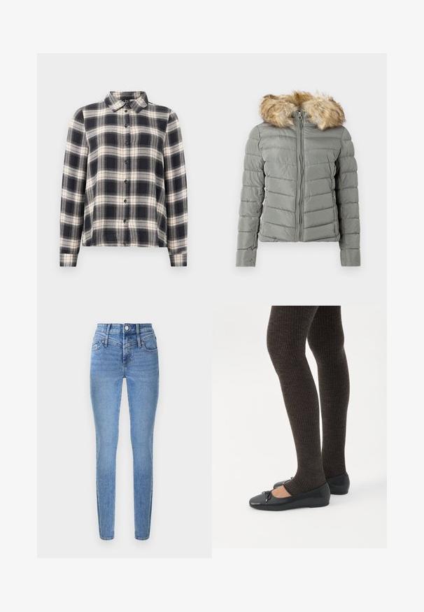 Gedämpfte grüne gepolsterte Jacke mit gestepptem Design, Frontreißverschluss und abnehmbarer Kunstfellkapuze in Hellbraun.; Langarmkariertes Hemd in Marineblau, Weiß und Beige. Mit einem Standardkragen, Knopfleiste und weichem Stoff mit Karomuster.; Eng anliegende Jeans aus hellblauem Denim mit hoher Taille, zwei Fronttaschen und Reißverschluss. Verfügt über eine glatte Textur und dezentes Fading.; Beine in dunklen, gerippten Leggings kombiniert mit schwarzen Ballerinas mit kleinen Schleifendetails auf weißem Hintergrund.