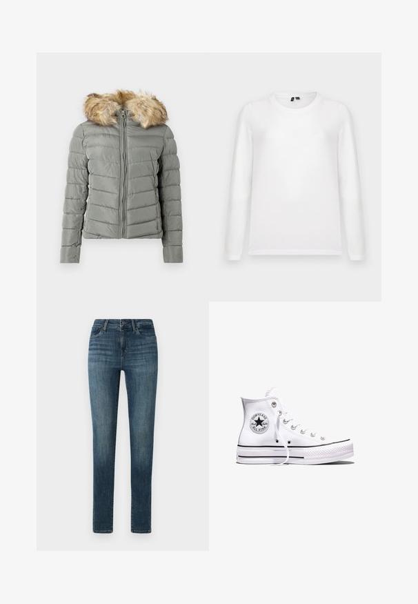 Polstret jakke i dæmpet grøn med quiltet design, frontlynlås, og aftageligt faux fur hættekant i lys brun.; Lys grå baggrund med en liggende hvid langærmet t-shirt med rund hals og synlige mærker ved kraven.; Mørkeblå denim jeans med slim fit, der har en knaplukning, fem lommer og subtile slidser langs lårene.; Hvid Converse Chuck Taylor All Star højt snøresko med sorte striber og logoemblem på siden, vist mod en ensfarvet hvid baggrund.