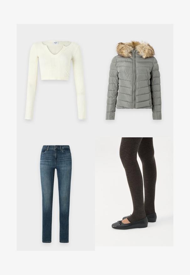 Polstret jakke i dæmpet grøn med quiltet design, frontlynlås, og aftageligt faux fur hættekant i lys brun.; Kort top i off-white strikmateriale. Lange ærmer med ribbet struktur og små udskæringer omkring halsudskæringen.; Mørkeblå denim jeans med slim fit, der har en knaplukning, fem lommer og subtile slidser langs lårene.; Ben iført mørke ribbede leggings kombineret med sorte balletsko med små sløjfedetaljer på hvid baggrund.