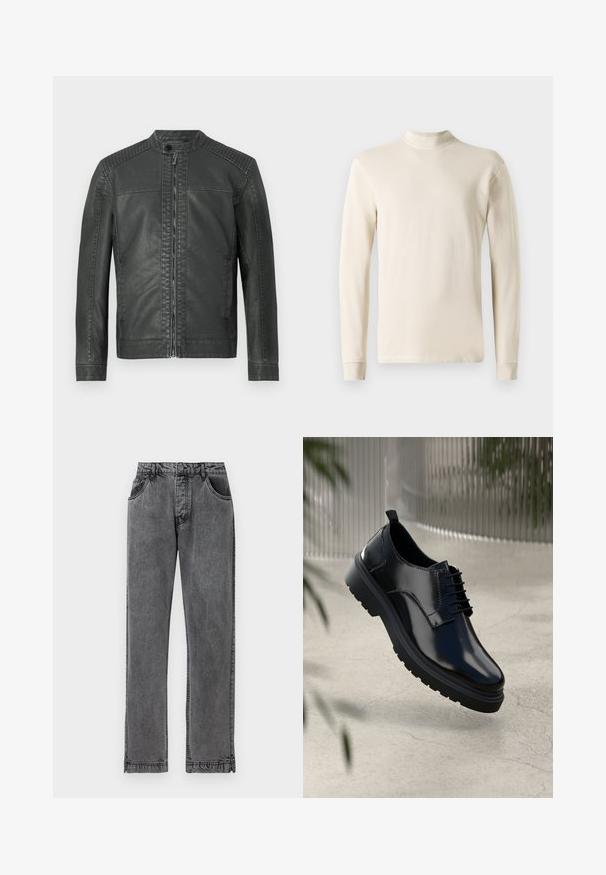 Chaqueta de cuero sintético negro con paneles de hombro acolchados, cuello alto con botón a presión y cierre de cremallera en la parte delantera.; Camisa de cuello alto de manga larga en color crema, hecha de suave tela de algodón, con un diseño ajustado y un cuello acanalado, además de dobladillos rectos.; Vaqueros de mezclilla negra con un diseño de pierna recta, que cuentan con cinco bolsillos, un cierre de botón y sutiles detalles de costura en las costuras.; Zapato de cuero negro con un acabado brillante, puntera redonda, diseño de cordones, costuras de contraste y una suela de goma gruesa con patrones de tracción.