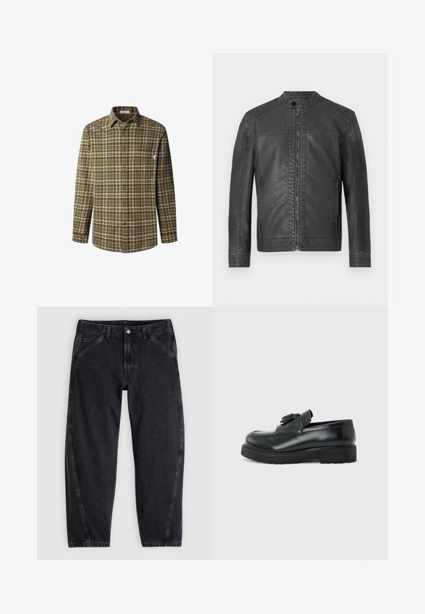Chaqueta de cuero sintético negro con paneles de hombro acolchados, cuello alto con botón a presión y cierre de cremallera en la parte delantera.; Camisa abotonada en patrón de cuadros en verde y marrón, de mangas largas, con cuello, bolsillo en el pecho, fabricada en un tejido de algodón texturizado y con botones marrones.; Vaqueros de mezclilla negra con un corte holgado, con cinturilla estándar, diseño de cinco bolsillos y costuras en contraste a lo largo de las costuras.; Mocasín de cuero negro con borlas, suela de caucho gruesa y tacón bajo, mostrado de perfil sobre un fondo liso.