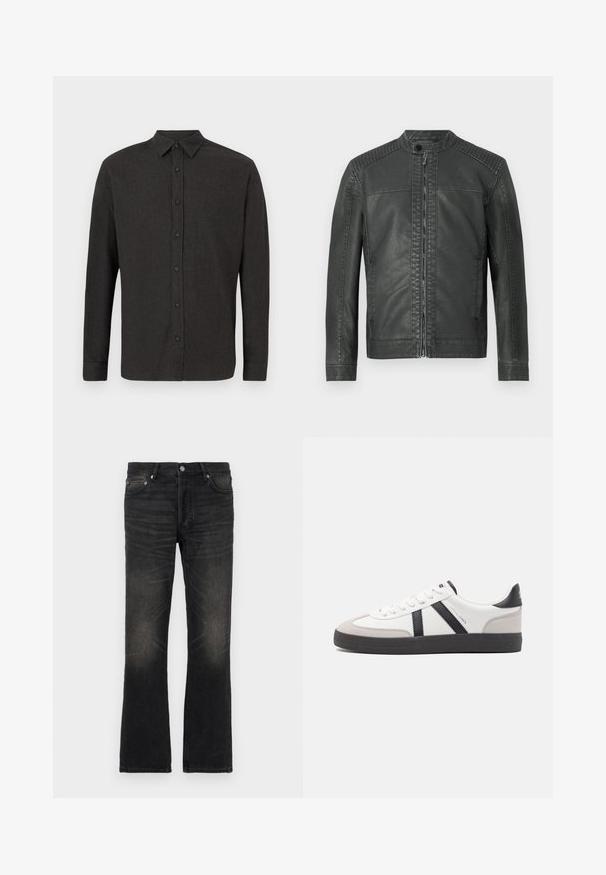 Chaqueta de cuero sintético negro con paneles de hombro acolchados, cuello alto con botón a presión y cierre de cremallera en la parte delantera.; Camisa de botones de manga larga en gris oscuro con cuello puntiagudo, exhibida plana sobre un fondo blanco.; Jeans de mezclilla negra acampanados con un acabado desgastado, cinco bolsillos y detalles de metal en color plata. Presentan una cinturilla clásica y una tela ligeramente texturizada.; Zapatilla blanca con acentos en negro y gris, que presenta una puntera texturizada en gris, suela de goma negra y cordones planos blancos. Diseño limpio, estilo minimalista.