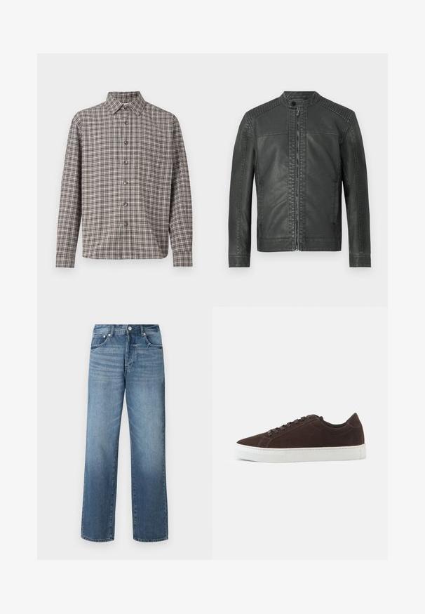 Sort faux læderjakke med quiltede skulderpaneler, stående krave med trykknap og lynlås lukning foran.; Brun og creme plaid skjorte med knap-ned krave, lange ærmer og frontknapper; lavet af struktureret stof.; Blå denimjeans med lige ben, med en falmet vask, bælteløkker, fem lommer og en klassisk knaplukning.; Mørkebrune ruskind lave sneakers med matchende snørebånd og tyk hvid gummisål, vist fra siden på en ensfarvet baggrund.
