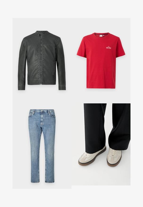 Chaqueta de cuero sintético negro con paneles de hombro acolchados, cuello alto con botón a presión y cierre de cremallera en la parte delantera.; Pepe Jeans THIAGO TEE - Camiseta estampada - rugby red; Jeans de denim azul claro con un diseño de pierna recta, que cuentan con cinco bolsillos y cierre de botón frontal. Una textura desgastada añade interés visual.; Pies con zapatillas beige con suelas marrones y pantalones negros de pierna ancha sobre un fondo blanco.