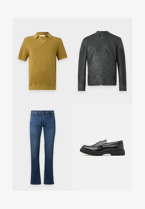 Sort faux læderjakke med quiltede skulderpaneler, stående krave med trykknap og lynlås lukning foran.; Kortærmet polo-shirt i sennepsgul, med struktureret strik, V-halskrave og ribbede manchetter og nederkant.; Blå lige ben denim jeans med fem lommer og knaplukning, der viser let falmede detaljer på lår og knæ.; Sort læder loafersko med en bred rem over forfoden, gummisål med tykke mønstre og glat overflade. Klassisk, slankt design.