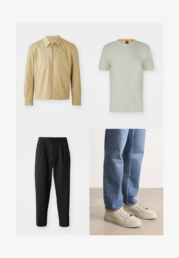 Veste légère beige avec un col, fermeture éclair sur le devant et deux poches latérales. Texture lisse et coupe décontractée.; T-shirt à manches courtes vert clair en tissu doux, avec un col rond et un logo discret à l'avant. Design simple avec des détails minimaux.; Pantalons noirs fuselés avec une taille élastique et un cordon de serrage. Tissu lisse avec une texture légère, présentant des plis et des poches latérales.; BOSS GARYTENN_SDHDEL - Baskets basses - natural ten