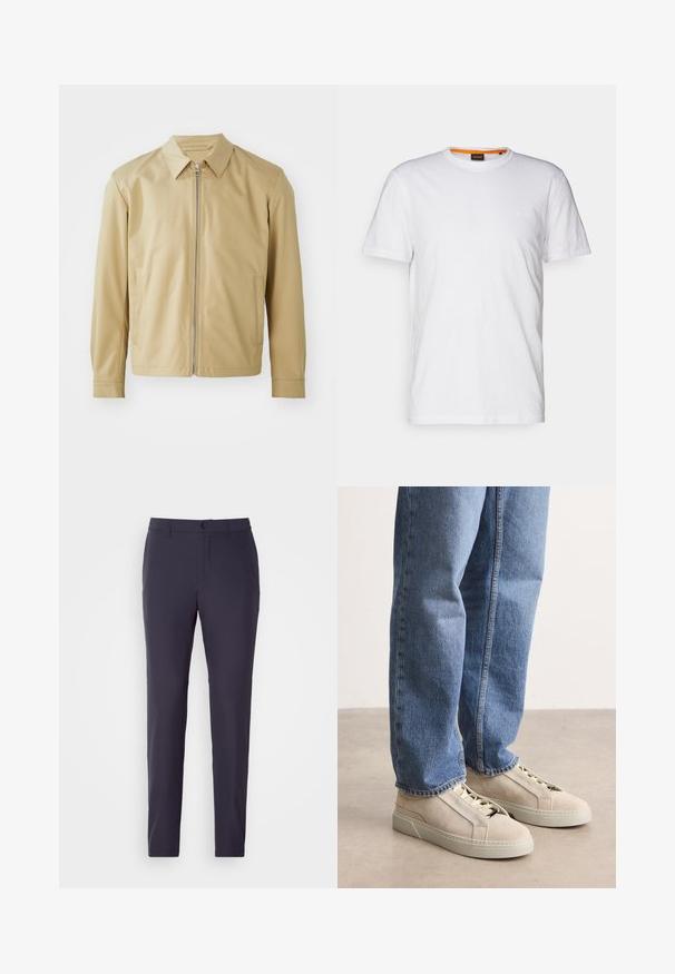 Beige letvægtsjakke med krave, lynlås fortil og to sidelommer. Glat overflade og afslappet pasform.; Hvid bomulds T-shirt med rund hals, korte ærmer og et subtilt præget logo på brystet. Indvendigt mærke har en orange detalje.; Marinebukser med lige snit, lavet af et glat stof. Har en knaplukning, sidelommer og et fladt frontdesign.; BOSS GARYTENN_SDHDEL - Sneakers - natural ten