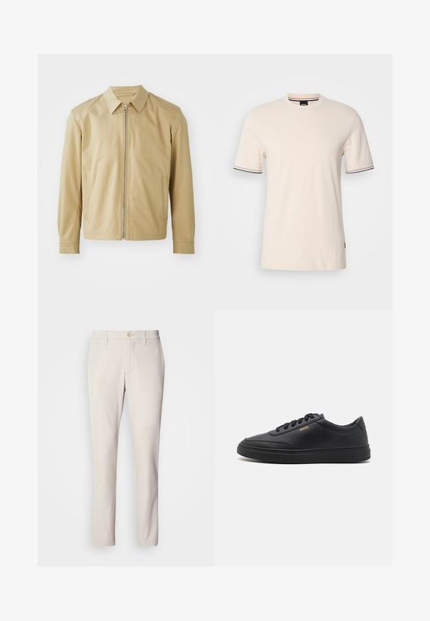 Chaqueta ligera beige con cuello tipo cazadora, cierre frontal de cremallera y dos bolsillos laterales. Textura suave y corte relajado.; Camiseta de manga corta beige hecha de algodón, con cuello redondo, ribete en contraste en las mangas y una etiqueta con logotipo en el lateral.; Pantalones beige de corte ajustado, con cierre de botón en la parte delantera, diseño de frente plano y corte recto, confeccionados en una suave mezcla de algodón.; Zapatillas de cuero negro con una textura suave, punta redondeada, suela plana de goma y cordones a tono. Presentan el logotipo dorado "BOSS" en el lateral.