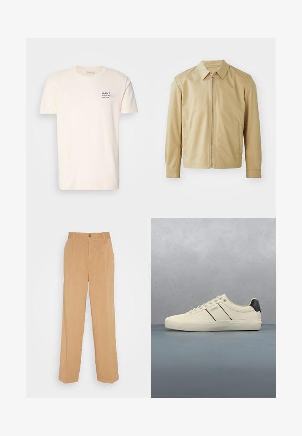 Veste légère beige avec un col, fermeture éclair sur le devant et deux poches latérales. Texture lisse et coupe décontractée.; T-shirt en coton couleur crème avec un col rond, des manches courtes et une petite impression marine sur la poitrine indiquant "GANT 32 EAST 39TH ST. NEW YORK."; Pantalons larges beiges en tissu doux, dotés de deux poches avant, d'une fermeture à bouton et de plis le long des jambes.; Baskets de couleur crème avec une texture lisse, dotées d'accents et de marquage noirs. Design classique à lacets avec un bout rond et une semelle en caoutchouc.