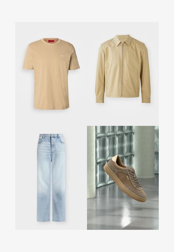 Beige letvægtsjakke med krave, lynlås fortil og to sidelommer. Glat overflade og afslappet pasform.; Beige bomulds t-shirt med rund halsudskæring, korte ærmer og et lille hvidt "HUGO" logo på brystet. Glat tekstur uden mønstre.; Lyseblå, højtaljede jeans med rette ben, forlommer, bæltestropper og knaplukning.; Beige casual sneaker med snørebånd og "BOSS"-logo, som svæver over en poleret betongulv med glasblokvæg i baggrunden.