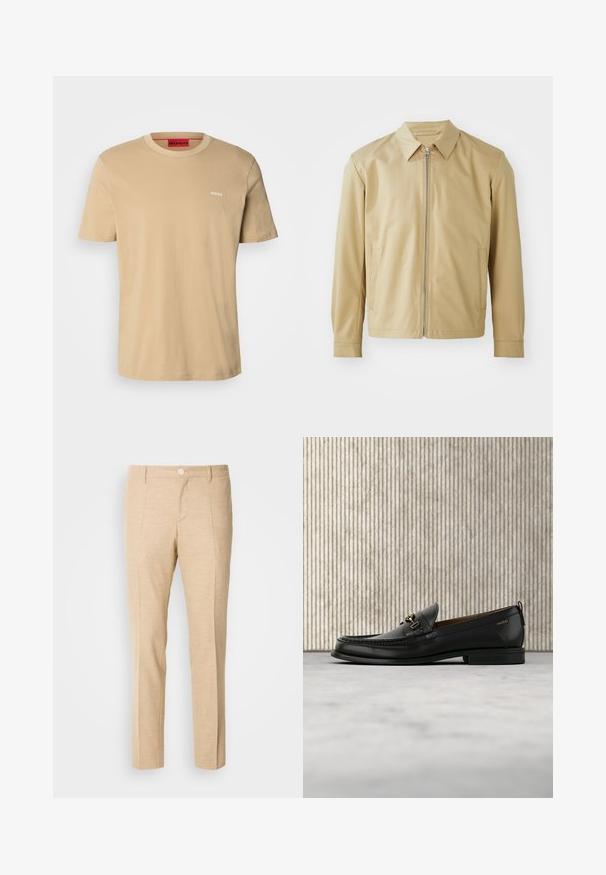 Veste légère beige avec un col, fermeture éclair sur le devant et deux poches latérales. Texture lisse et coupe décontractée.; T-shirt en coton beige avec un col rond, des manches courtes et un petit logo blanc "HUGO" sur la poitrine. Texture lisse sans motifs.; Pantalons beiges ajustés en tissu texturé, design à jambes droites, plis avant et fermeture à bouton unique à la taille.; Mocassin en cuir noir avec mors en métal doré et logo "HUGO", présenté sur un tapis beige et un meuble translucide marron.