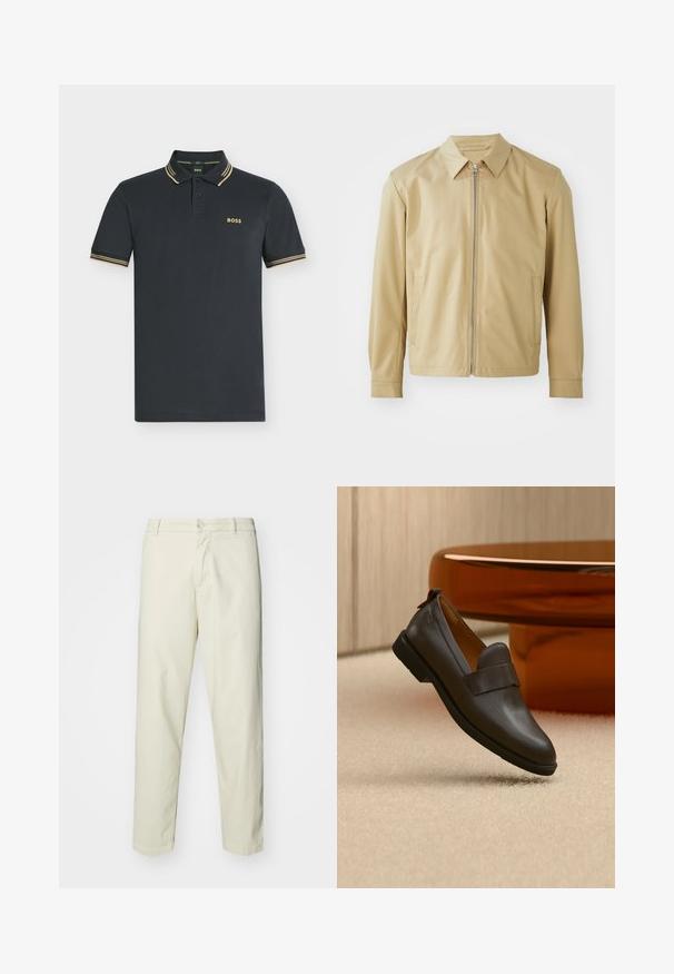 Veste légère beige avec un col, fermeture éclair sur le devant et deux poches latérales. Texture lisse et coupe décontractée.; Polo bleu marine foncé à manches courtes avec des doubles rayures beige sur le col et les manches, avec le logo « BOSS » sur la poitrine gauche.; Pantalon en coton beige clair avec une coupe droite, dotés d'une fermeture à bouton à l'avant et de poches standard, texture lisse et sans motifs.; Mocassin en cuir marron foncé avec un petit talon flottant au-dessus d'un tapis beige, à côté d'une table brillante, arrondie et de couleur ambre.
