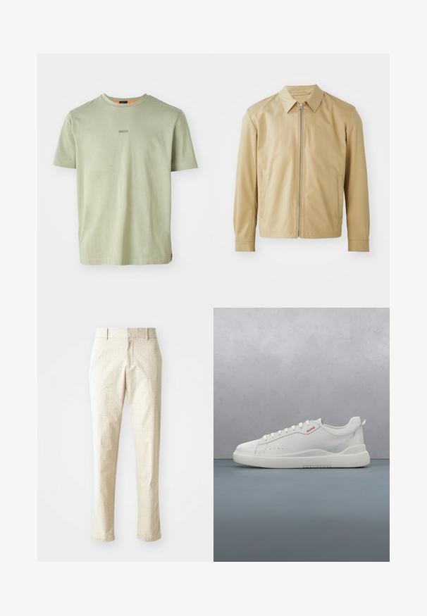 Beige lichtgewicht jack met een kraag, een rits aan de voorkant en twee zijzakken. Gladde textuur en een relaxte pasvorm.; Olijfgroen T-shirt met korte mouwen van zachte stof, met een ronde halslijn en een klein 'BOSS'-logo gedrukt in het midden.; Lichtbeige op maat gemaakte broeken met een gestructureerd patroon, rechte pasvorm en een middelhoge tailleband, voorzien van riemlussen en zonder zichtbare zakken.; Witte sneaker met een gladde leren afwerking, ronde neus, vier veterogen, subtiele perforaties en een rood logo detail aan de zijkant.
