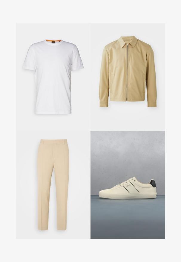 Beige leichte Jacke mit Kragen, Frontreißverschluss und zwei seitlichen Taschen. Glatte Textur und lockere Passform.; Weißes Baumwoll-T-Shirt mit Rundhalsausschnitt, kurzen Ärmeln und einem dezenten geprägten Logo auf der Brust. Das Innenschild hat einen orangefarbenen Akzent.; Beige maßgeschneiderte Hosen mit geradem Bein, aus leichtem Stoff, mit zwei vorderen Taschen und ordentlich gebügelten Falten.; Cremfarbene Sneaker mit glatter Oberfläche, die schwarze Akzente und Markenlogo aufweisen. Klassisches Schnürdesign mit runder Zehenform und Gummisohle.