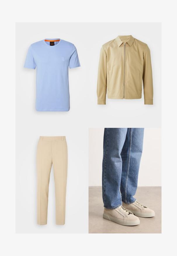 Beige lichtgewicht jack met een kraag, een rits aan de voorkant en twee zijzakken. Gladde textuur en een relaxte pasvorm.; Lichtblauw katoenen T-shirt met korte mouwen, ronde halslijn en een klein reliëflogo op de borst. Contrasterende oranje binnenkraag.; Beige op maat gemaakte broek met een recht gesneden ontwerp, gemaakt van lichtgewicht stof, met twee voorzakken en nette, geplooide vouwen.; BOSS GARYTENN_SDHDEL - Sneakers laag - natural ten