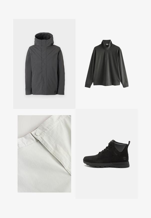 Grau, mittellanger Mantel mit steinem Kragen und minimalistischem Design. Verfügt über eine glatte Textur und ein kleines Markenlogo unten links.; Dunkelgrüner Pullover-Sweatshirt aus weichem Stoff, mit einem Halbreißverschluss am Kragen, langen Ärmeln und einer lockeren Passform mit gerippten Bündchen und Saum.; Weißer Baumwollstoff mit einem Knopfverschluss in der Taille, versehen mit feiner Textur und genähten Details entlang der Nähte.; Schwarze High-Top-Stiefel aus Wildleder und synthetischen Materialien, mit einer strukturierten Oberfläche, Schnürdesign und Gummisohle mit Grip.