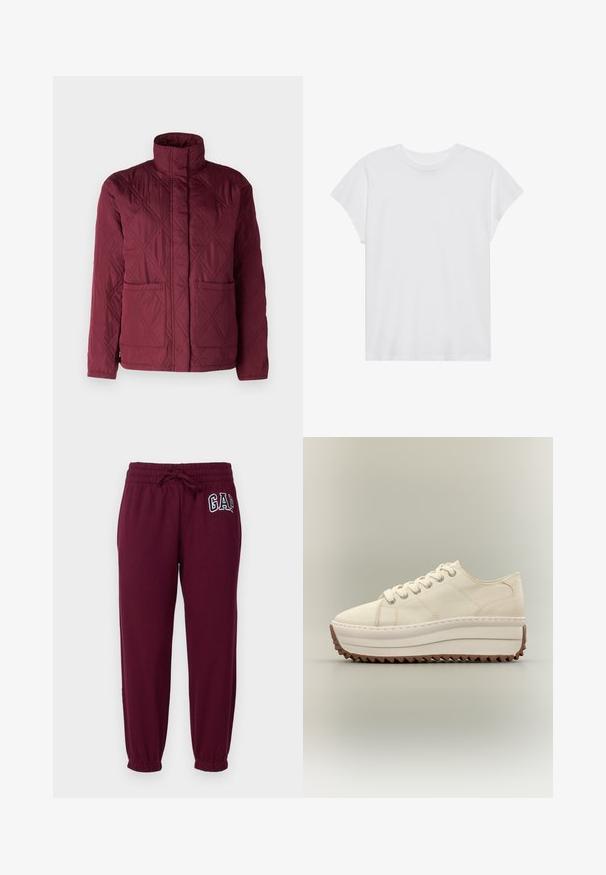Veste matelassée bordeaux avec un col haut, deux poches avant et un motif texturé présentant des formes de losange.; T-shirt blanc à manches courtes, col rond, coupe décontractée, en tissu de coton doux. Texture lisse, sans motifs ni logos.; GAP Petite HERITAGE - Pantalon de survêtement - ruby wine; Baskets à plateforme couleur crème avec semelle blanche épaisse et crampons marron en zigzag, fermeture à lacets et tige en toile.