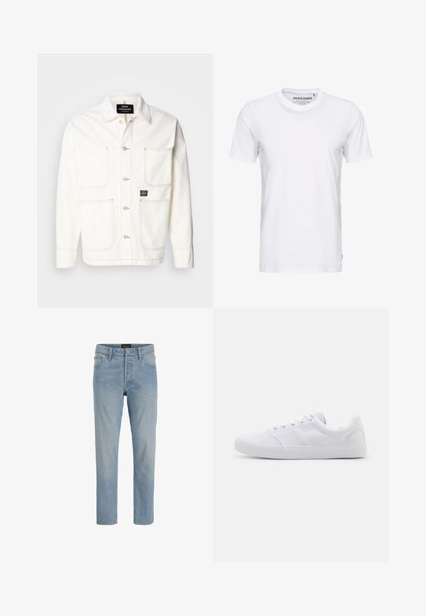 Weiße Jeansjacke mit Knopfleiste, zwei großen Brusttaschen und feinen orangefarbenen Nähten. Verfügt über einen Spitzkragen und Knopfmanschetten.; Weißes T-Shirt mit kurzen Ärmeln aus Baumwolle, mit Rundhalsausschnitt und einem schlichten Design. Markentag im Nackenbereich sichtbar. Keine Muster oder Verzierungen.; Hellblaue Denim-Jeans mit geradem Schnitt, fünf Taschen, Knopfverschluss und einem leicht ausgewaschenen Finish.; Weiße Leinenschuhe mit Gummisohle, ausgestattet mit sechs Ösen, einer strukturierten Zehenkappe und minimalistischer Gestaltung.