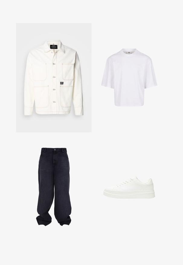 Hvid denimjakke med knaplukning, to store brystlommer og diskret orange stikninger. Har spids krave og knapmanchetter.; Hvid t-shirt med korte ærmer, der har en rund halsudskæring og en afslappet pasform, lavet af et glat bomuldsblandingsstof. Ingen mønstre eller udsmykninger.; Sorte oversized løstsiddende jeans med knap- og lynlåsfrontlukning, forlommer og løse, brede ben.; Hvid sneaker med en glat læderoverdel, flade snørebånd og en tyk gummisål. Minimalistisk design med diskret syning og glatte detaljer.