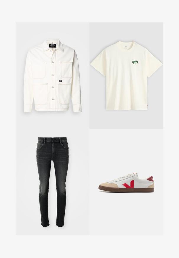 Hvid denimjakke med knaplukning, to store brystlommer og diskret orange stikninger. Har spids krave og knapmanchetter.; Off-white T-shirt med rund halsudskæring, korte ærmer og lille grønt "Levi's Music City" logo på venstre bryst.; Mørkegrå, højtraljede skinny jeans med en falmet look. Har fem lommer, bæltestropper og en klassisk knaplukning.; Hvide lædersneakers med rød V-logo, beige ruskind toe cap og brun gummisål. Har klassisk snørelukning og polstret krave.