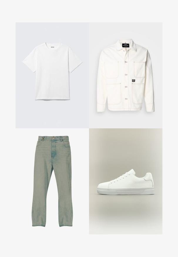 Veste en denim blanc avec boutonnage à l'avant, deux grandes poches poitrine et coutures orange subtiles. Équipée d'un col pointu et de poignets boutonnés.; T-shirt blanc à manches courtes et col rond, étalé à plat, design uni, avec l'étiquette "WEEKDAY" à l'intérieur du col sur un fond clair.; Jean droit bleu clair avec bouton à l'avant, passants pour ceinture et poches avant, présenté sur un fond blanc.; Baskets basses blanches à lacets, doté d'un col rembourré et d'une semelle en caoutchouc texturée, présentées de profil sur un fond neutre.