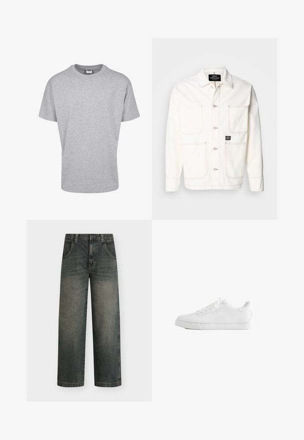 Hvid denimjakke med knaplukning, to store brystlommer og diskret orange stikninger. Har spids krave og knapmanchetter.; Grå bomulds t-shirt med rund halsudskæring og korte ærmer. Simpelt design, ingen mønstre eller accenter. Klassisk afslappet pasform.; Vidbenede, mørke denimjeans med en falmet vask, fem lommer og lukning med knap; har kontrastsyning og en lige kant.; Hvid lavtop sneakers med snørebånd, glat læderoverdel og flad gummiå sole set fra siden på en hvid baggrund.