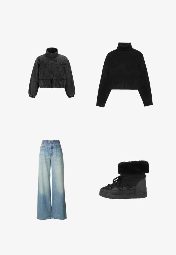 Sort cropped puffer-jakke med høj krave, lynlås-lukning og tekstureret stof. Har præget mønster og elastiske manchetter og kant.; Sort cropped sweater med ribbet høj hals og manchetter, der har en glat tekstur og afslappet pasform. Simple, minimalistisk design.; Jeans med vide ben i lyseblå denim, med høj talje, knaplukning og en falmet struktur, der fremhæver subtile nuancer.; Sorte ankelstøvler med kunstpels, der har struktureret materiale, rund tå og flad gummisål. Inkluderer snørebånd til lukning.