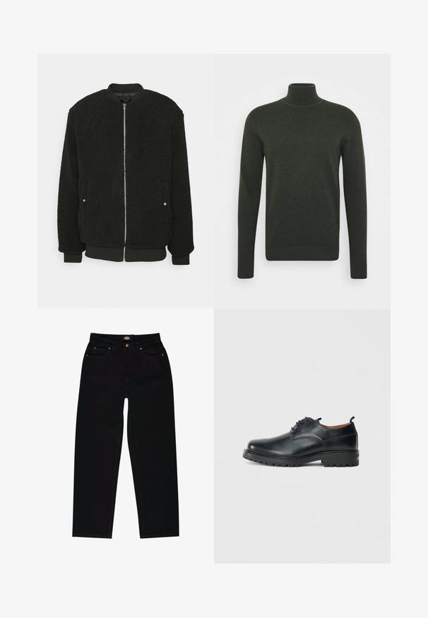 Zign Bomberjakke - black; Mørkegrøn rullekrave sweater i strikket materiale; lange ærmer, tætsiddende design, ribbet hals og manchetter, glat tekstur, ingen mønstre eller pynt.; Sorte denim jeans med lige pasform, der har fem lommer, brun syning og lynlåslukning. Glat tekstur og holdbart materiale.; Sorte læder derby-sko med en glat overflade, rund tå, snøre-design og en tyk, robust gummisål.